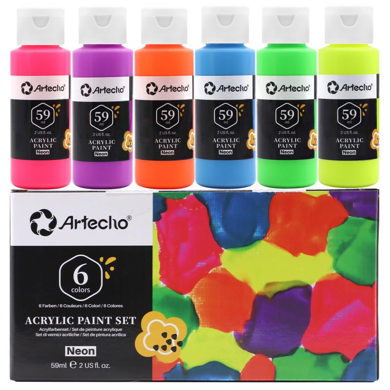 Artecho Neon Paint 6 Colors, 60 ml / 2 oz Acrylic Paint for Decoration, Art Painting, Outdoor and Indoor Art Craft, Supplies for Canvas, Rock, Wood, Waterproof Rich Pigments - Image 1